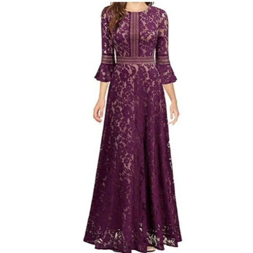 MISSMAY Lace Maxi Dress M‎ Plum Fit Flare Bell Sleeve Party Elegant Regencycore